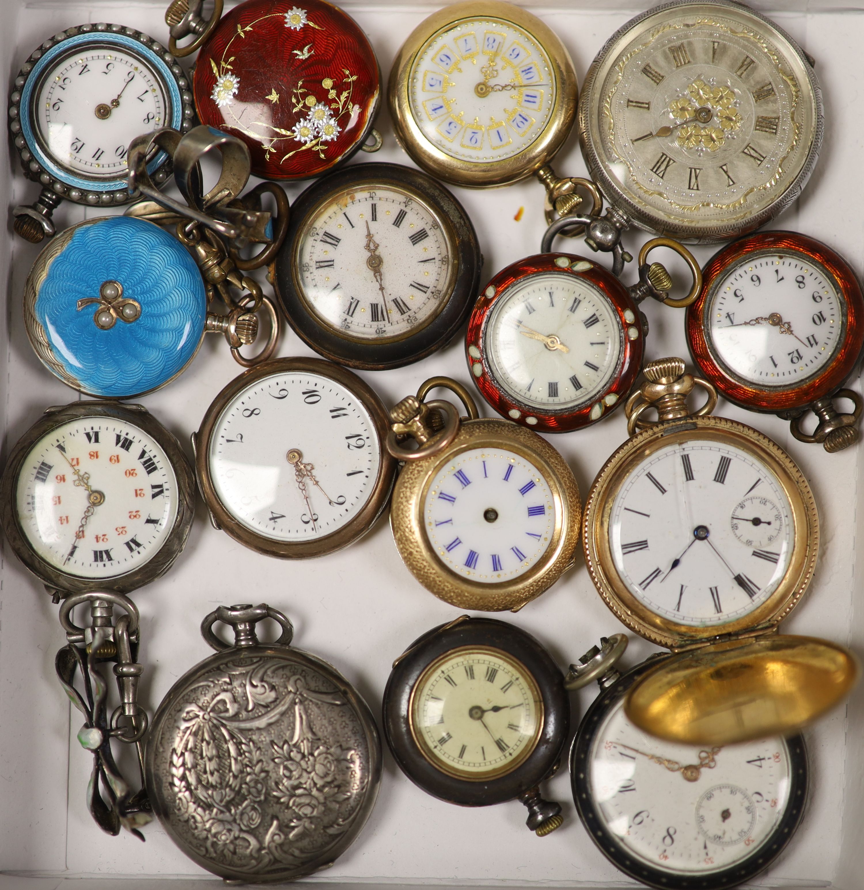 A small collection of lady’s assorted fob watches, including 585 yellow metal and white metal and guilloche enamel